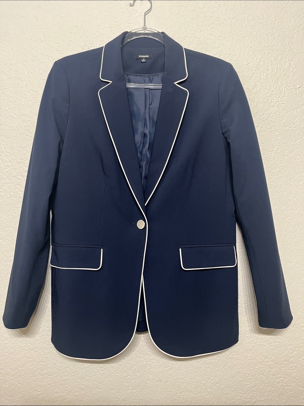 Premise Women’s Work Wear Size 10 Navy Blue with White Trim Blazer